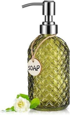 16 OZ Clear Soap Dispenser with 304 Rustproof Stainless Steel Pump Green  - Image 1 of 4