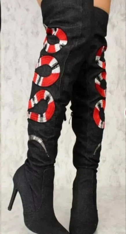Botas femininas Cape Robbin jeans acima do joelho bordado cobra salto agulha 7 - Imagem 1 de 4