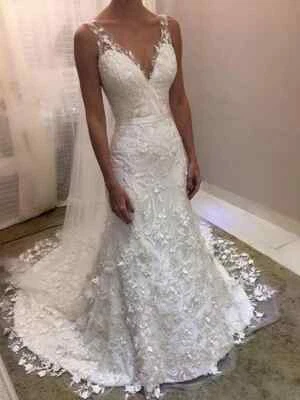Mermaid V-Neck Wedding Dresses Backless Lace Court Train Bridal Gown Custom Size - Image 1 of 4