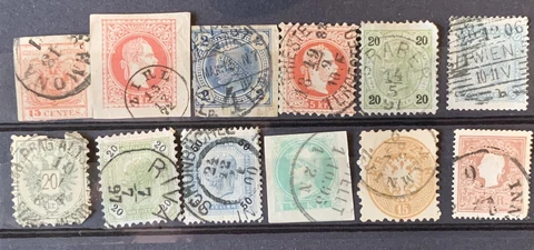 EARLY LOT OF 12 DIFFERENT AUSTRIA STAMPS WITH VARIOUS SOTN SON BULLSEYE CANCELS Cover