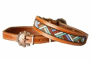 COLLAR PERRO Multicolor CUENTAS 1" Ancho CUERO GENUINO Ajustable COBRE Hebilla - Imagen 1 de 1