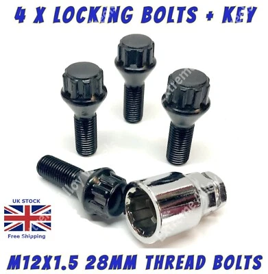 Black Wheel Locking Bolts Fits Skoda Citigo Favorit Felicia M12x1.5 28mm alloy - Image 1 of 4