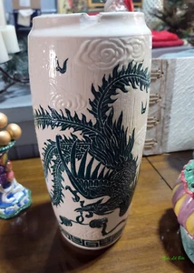 Tall Vintage Oriental Vase with Green Dragon and Peacock - Picture 1 of 5