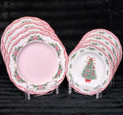 8 PINKMAS Dinner Salad Plates Pink Bows Christmas Tree Porcelain Holly 222 Fifth - Image 1 of 4