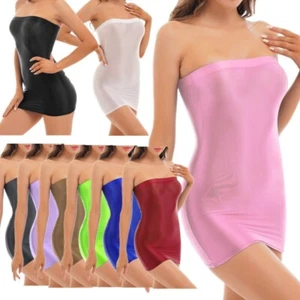 Women Shiny Glossy Dress Sheer Mini Tube Dress Nightclub Bodycon Strapless Dress - Picture 1 of 61