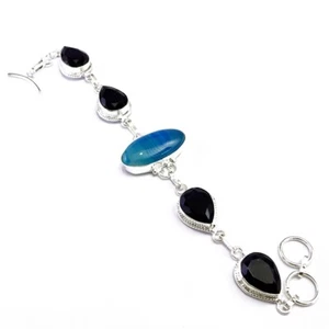 Multi Banded Botswana Agate Gemstone Silver Plated Bracelet Jewelry 7 O442 - Picture 1 of 4