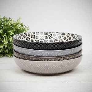 Home Living Set of 4 Large Ceramic Pasta Bowls in Mixed Patterns Dining Bowl