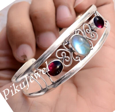 Labradorit & Granat Edelstein 925 Sterling Silber Armreif Armreif verstellbar... - Bild 1 von 4