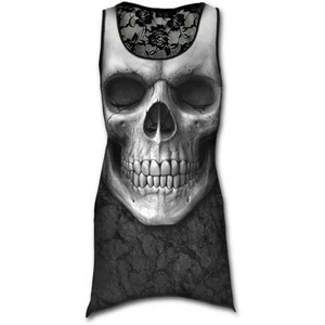 SPIRAL DIRECT SOLEMN SKULL DAY OF THE DEAD LACE LONG VEST TOP GOTH TATTOO 8-18 - Picture 1 of 3