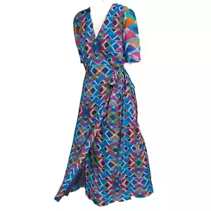 Anthro CONDITIONS APPLY Timara Blue Geometric Print Wrap Dress Womens Size XL - Picture 1 of 12