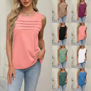 Womens Solid Round Neck Solid Sleeveless Casual Pleated T-shirts Ladies Vest Tee - Picture 1 of 26