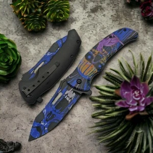 Spring-Assist Klappmesser | Black Blue Cat Demon Skull Pocket EDC 300503-BL - Bild 1 von 4