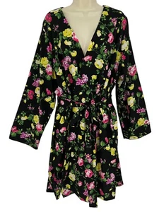 Bata Lane Bryant Negra Colorida Floral L/S Bolsillos Ligera con Cinturón Talla 18/20 - Imagen 1 de 17