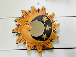 Vintage Celestial Round Wooden Mirror Sun, Moon and Stars Bohemian Indonesia - Picture 1 of 8