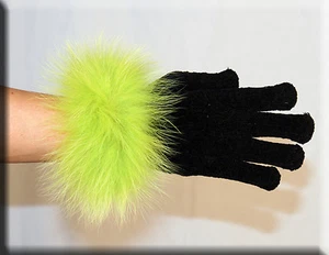 Nuevos Guantes de Chenilla Negros Borde de Piel de Zorro Verde Lima - Efurs4less - Imagen 1 de 2