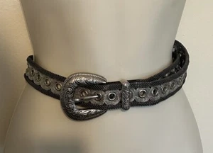 SAND CASTLE Beautiful Vintage Black Silver Mesh Leather Belt Italy Sz Up to 35" - Picture 1 of 5