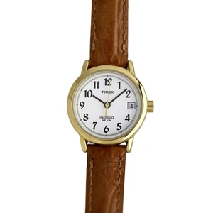 Timex goldfarbenes weißes Zifferblatt braunes Lederarmband Indiglo wasserdicht Uhr - Bild 1 von 10