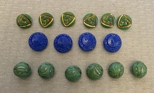 Art Deco Vintage Glass Buttons Lot 16 Green Blue Molded Painted Sets - Picture 1 of 7