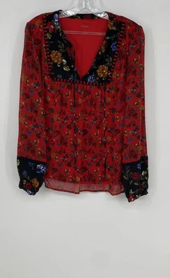 Blusa Top Kensie Mujer Negra Roja Floral Manga Larga Cuello Corbata Talla Mediana Foto 1 de 4