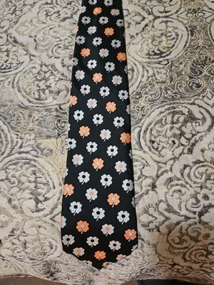Vintage Kenzo Homme Silk Black Orange Silver Floral Pattern Tie Made In Italy - Image 1 of 2