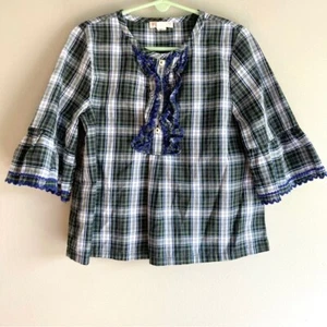 Crewcuts girls ruffle sleeve popover 7 tartan plaid green blue shirt holiday - Picture 1 of 7