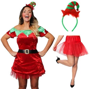 LADIES ELF DRESS VELOUR + HEADBAND + UNDERSKIRT SKATER CHRISTMAS FANCY DRESS - Picture 1 of 6