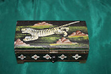 Vintage Hand Painted Wood Trinket Box Small Painted Tigers Tribal Folk Art