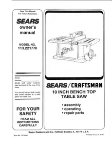 Owner's Manual for Sears Craftsman 10” Bench Top Table Saw - Model 113.221770 - Picture 1 of 4