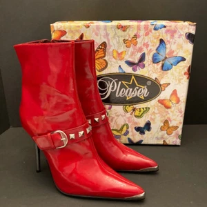 NIB Pleaser Heat Booties Stiletto Heel Lace Up Red Faux Patent Womens 7 Side Zip - Picture 1 of 11