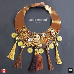 luxury jewelry necklace vintage style pendant steampunk gears skull rhinestones