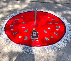 Vintage Fringe Christmas Tree Skirt Sequence Santa Claus Hand Beaded Red Felt - Picture 1 of 12