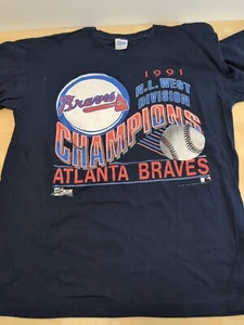 Camicia vintage Atlanta Braves 1991 Western Division Champions grande punto singolo - Foto 1 di 6
