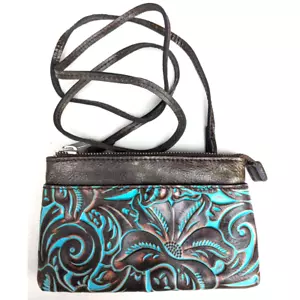 Patricia Nash Teal and Brown Tooled Leather Bacoli Crossbody - Picture 1 of 7