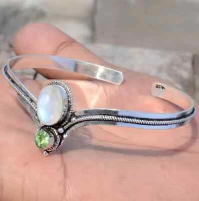 Moonstone Gemstone With Peridot 925 Sterling Silver Handmade Cuff Jewelry R-300 - Image 1 of 4
