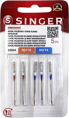 100% Genuine SINGER SEWING MACHINE EMBROIDERY NEEDLES Assorted 2044 80/11 90/14 - Image 1 of 2