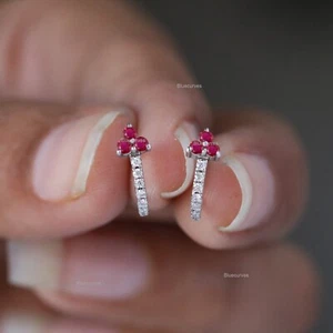 Trio Natural Ruby & Diamond Half Hoop Stud Earrings 14k Gold Push Back Half Hoop - Picture 1 of 6