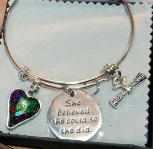 Girls Stainless Steel Graduation Bracelet, Charms, Hat Gift Box, "She Believed" - Picture 1 of 4