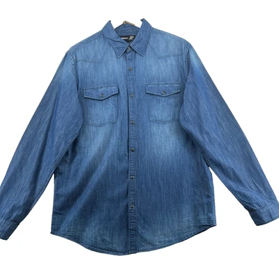 J.Ferrar Slim Fit Men's Size L Blue Distressed Denim Snap Long Sleeve Jean Shirt - Image 1 of 4