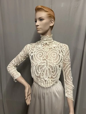 Blusa eduardiana de encaje hecha a mano 1900 algodón marfil  Foto 1 de 4
