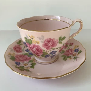 Plato de taza de té Colclough rosa hueso porcelana floral patrón rosa adorno dorado Inglaterra - Imagen 1 de 12