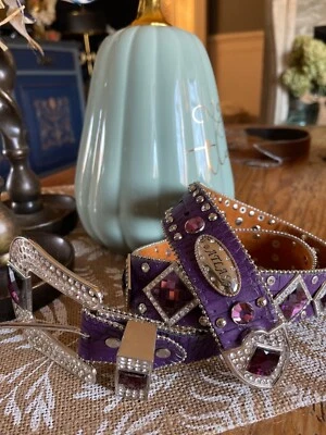Cinturón vaquero ATLAS púrpura cristal concho hebilla plateada cuero genuino M Foto 1 de 4