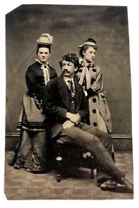Antique Tintype Photo Unique Pose Odd Group Victorian Man Two Women Fashion Hats - Picture 1 of 3