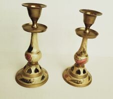 Set of 2 India Floral Cloisonne Enamel Brass Candlestick Candle Holder 6" Vtg