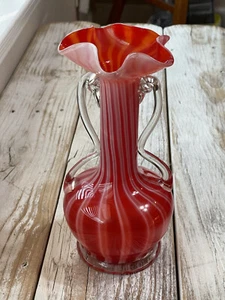 Vintage **RARE** Handblown Double Handled Venetian Ruffle Vase Red/White/Clear - Picture 1 of 11