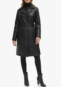 Kenneth Cole Women's Belted Faux Leather Trench Coat In Black Size M New - Picture 1 of 7
