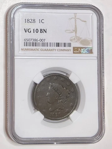 1828 Liberty Coronet Head Copper Large One Cent 1C NGC VG 10 BN Cover