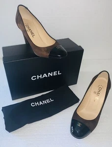 Chanel braune Wildlederschuhe mit Goldschimmer mit schwarzem Lack CC Cap Toe 37,5 mit Karton - Bild 1 von 11
