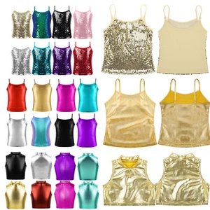 Girl's Shiny Metallic Camisole Tank Top Latin Belly Dance Fancy Vest Tee Costume - Picture 1 of 168