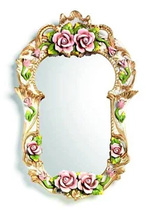 Oval Wall Mirror Golden Ceramic Capodimonte Flowers - Picture 1 of 9