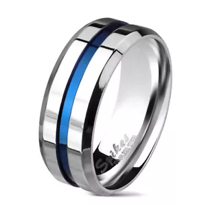 Ring Herren Edelstahl Poliert Und Rillenkugellager Streifen Blau Zentrale M6694 - Bild 1 von 1